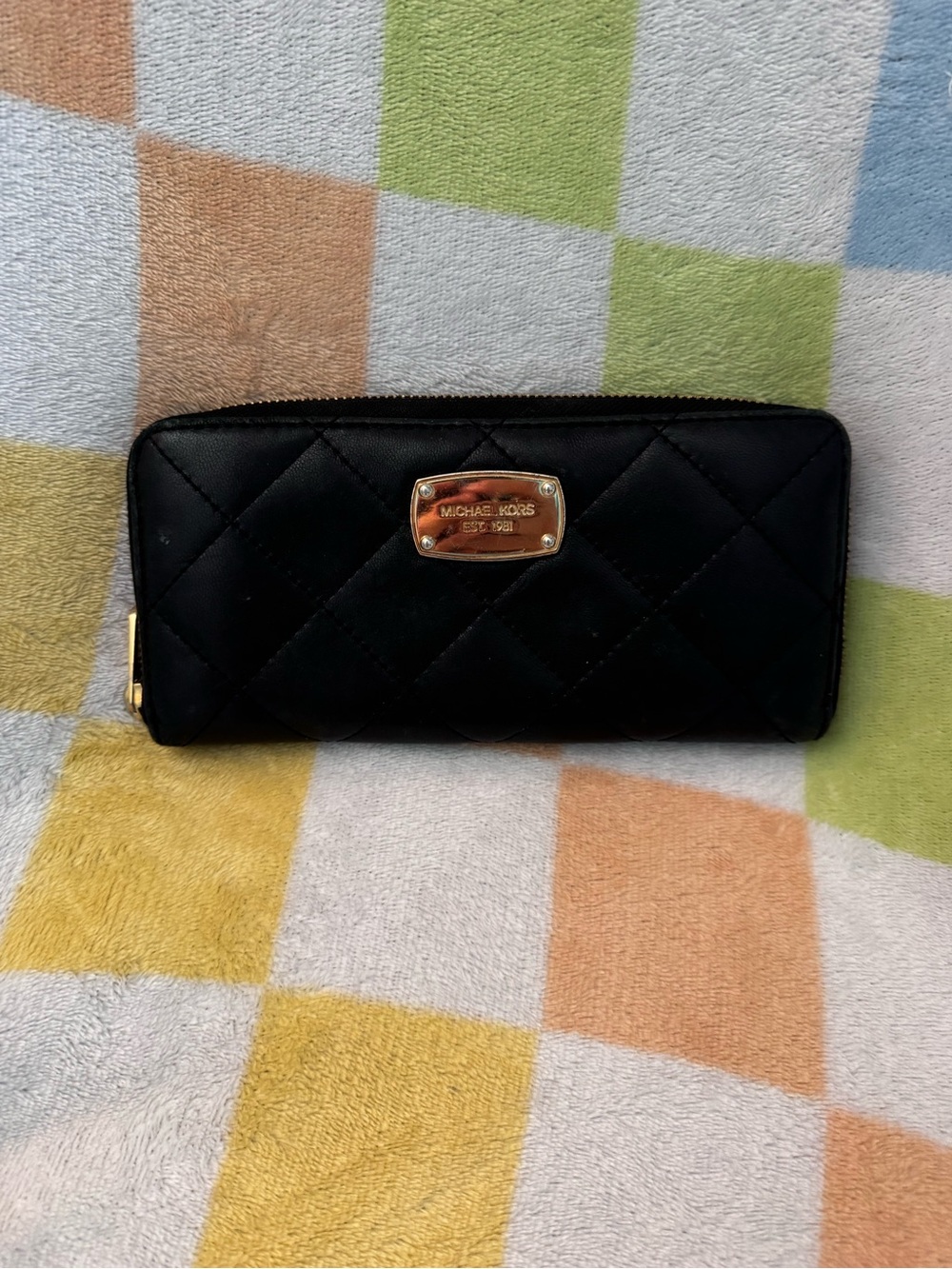 Michael Kors Black Quilted Zip Wallet with Gold Plaque